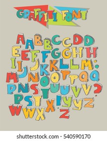 Big set of colorful graffiti letters isolated on beige background. Letters sequence from A to Z in two different color versions for creative lettering. Vector hand drawn illustration in bright colors.