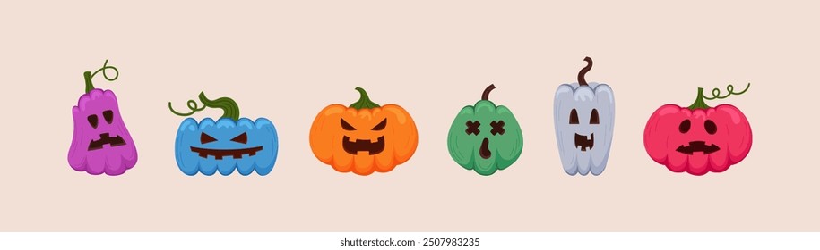 Big set with colorful Halloween pumpkins. Spooky jack o lantern vector collection.