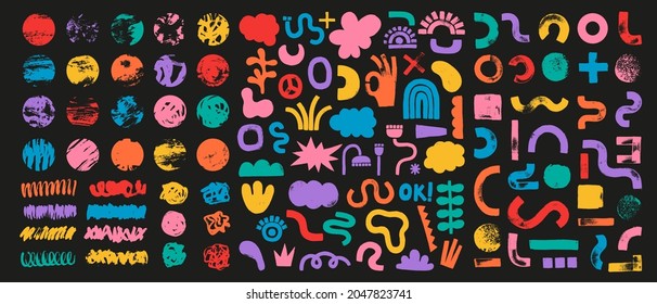 Big set of colorful hand painted various shapes, curls, forms, brush strokes and doodle objects. Abstract modern minimalist trendy vector illustration with grunge texture.
