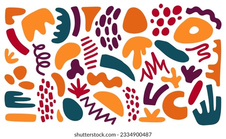 Big set of colorful hand painted various shapes, curls, forms, brush strokes and doodle objects.