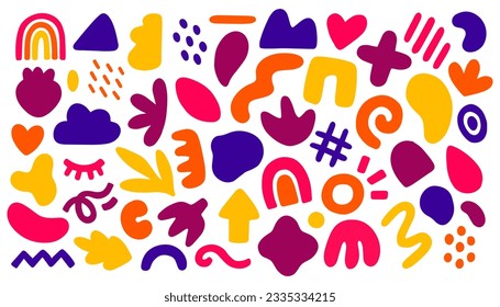 Big set of colorful hand painted various shapes, curls, forms, brush strokes and doodle objects.