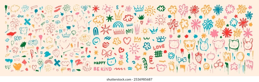 Big set of colorful hand painted various shapes, curls, forms, brush strokes and doodle objects. Childish simple hand drawn style. Cute characters. 