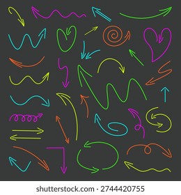 Big set of colorful hand-drawn vector arrows and pointers. Bright neon doodle style arrows for infographic, business presentation and creative design isolated on dark background.