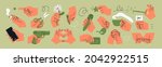 Big set of Colorful Hands holding stuff. Different gestures. Hands with scissors, pen, money, wine glass, phone, cigarette, flower, cup. Hand drawn Vector illustration. All elements are isolated