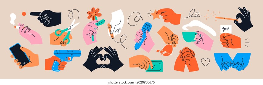 Big set of Colorful Hands holding stuff. Different gestures. Hands with cup, magic wand, banner, money, wine glass, microphone, star, etc. Hand drawn Vector illustration. All elements are isolated