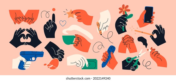 Big set of Colorful Hands holding stuff. Different gestures. Hands with cup, magic wand, banner, money, wine glass, microphone, star, etc. Hand drawn Vector illustration. All elements are isolated - Shutterstock ID 2022149240