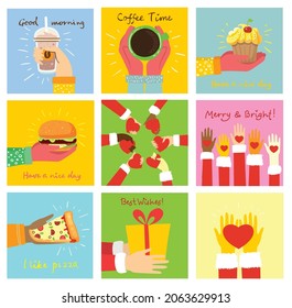 Big set of Colorful Hands holding stuff. Different gestures. Hand drawn Vector illustration.