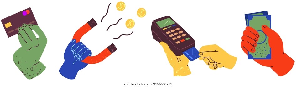 Big set of colorful hands holding money possession symbols. Online shopping and electronic banking concept. POS terminal, magnet with coins, bills and card in hands. Payment, money transactions signs
