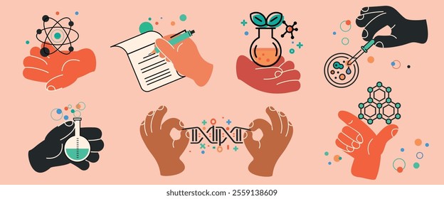 Big set of Colorful Hands holding different attributes of science.  The concept of international science. Hands with chemical, biological research, flasks, formulas and experiments