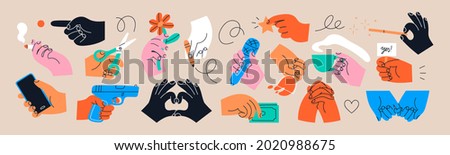 Big set of Colorful Hands holding stuff. Different gestures. Hands with cup, magic wand, banner, money, wine glass, microphone, star, etc. Hand drawn Vector illustration. All elements are isolated