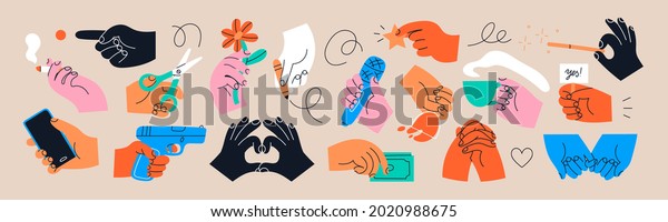 Big set of Colorful Hands holding stuff.\
Different gestures. Hands with cup, magic wand, banner, money, wine\
glass, microphone, star, etc. Hand drawn Vector illustration. All\
elements are isolated