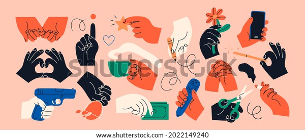 Big set of Colorful Hands holding stuff.\
Different gestures. Hands with cup, magic wand, banner, money, wine\
glass, microphone, star, etc. Hand drawn Vector illustration. All\
elements are isolated