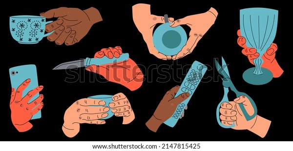 Big set of Colorful Hands holding stuff.\
Different gestures. Hands with cup, demitasse, scissors, mobile\
phone, wine glass, knife, TV remote. Hand drawn vector illustration\
isolated on black\
background