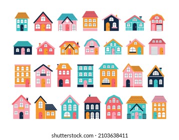 Big set of colorful houses, small town, exterior facade of small town. Vector flat illustration.