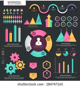 A big set of colorful infographic elements including statistical arrows, bars, graphs and charts for your business.