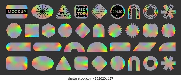 Gran conjunto de pegatinas de neón de colores, Plantillas en blanco, etiqueta con efecto holográfico. Brillantes emblemas del arco iris de diferentes Formas. Maqueta para iconos de compras. Holograma de gradiente realista. Vector EPS10