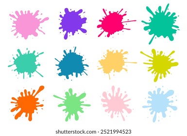 Big set of colorful paint spots. Template paint splash isolated on white background. Round splash, decorative shapes liquids. Different splashes and drops, cartoon splatters. Stain ink. Vector design