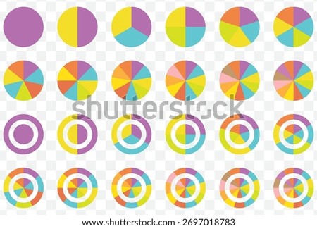 Big set of Colorful Pie Chart Icon Set – Infographic Data Visualization Elements Circle division infographic icon set. Pie chart divided 8,9,10 equal parts. Pizza or donut round diagram. EPS 10.