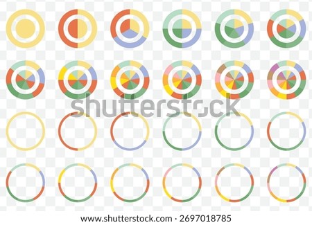 Big set of Colorful Pie Chart Icon Set – Infographic Data Visualization Elements Circle division infographic icon set. Pie chart divided 8,9,10 equal parts. Pizza or donut round diagram. EPS 10.