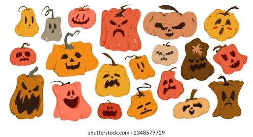 Big set of colorful pumpkins for halloween. Cartoon emotions of threat, joy, embarrassment, laughter. Vector illustration.