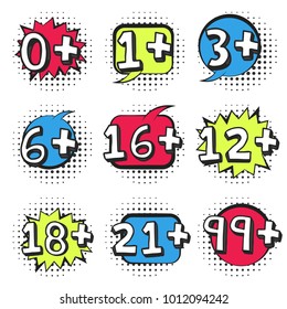 Big set of colorful retro comic speech bubbles with black halftone shadow in pop art style with cartoon age limits signs. Black linear message balloons for advertising text, book, game, product design