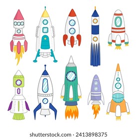 Big set of colorful rockets. Clip art of space rockets. Cartoon, vector