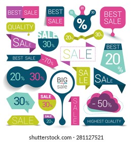 Big set of colorful sale stickers, bubbles, ribbons. Vector illustration.