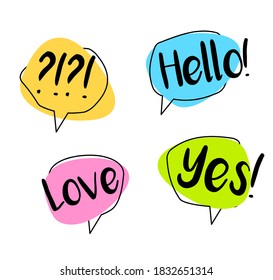 Big Set colorful speech bubble. Chat Hello, yes, love. Shaped banners, price tags, stickers, posters, badges. Isolated on white background. Vector illustration doodle style.