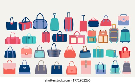 Big Set of colorful stylish cartoon women bags, travel bags and tourist luggage. Vector symbols of fashion modern leather accessories. 