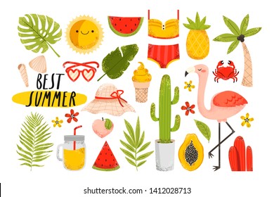 big set of colorful summer elements: flamingo, fruits, tropical leaves, ice-cream, swimsuit, palm tree, lemonade on white background. Cute summertime stickers set. Vector elements set in flat style