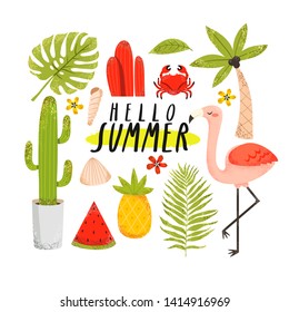 big set of colorful summer elements: flamingo, fruits, tropical leaves, palm tree, cacti on white background. Cute summertime stickers set. Vector elements set in flat style