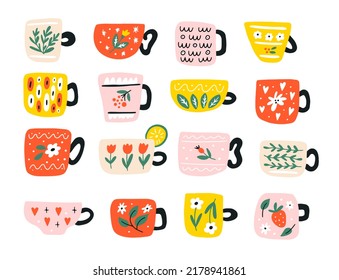 Big set of colorful tea cups isolated on a white background. Hand drawn flat vector illustrations in childish style. Collection of cute graphic elements for your design.