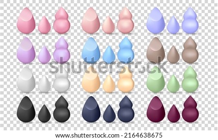 Big set of colorful three dimensional makeup sponges different shapes. Beauty blenders isolated on transparent background. Cosmetic sponges for blending foundation, concealer, blush, etc. 