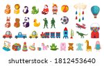 Big set of colorful toys for children. soft toys, bear, bunny, giraffe, logical toys, toy soldiers, rocket, cars, steam locomotive, balls.Cartoon vector illustration.