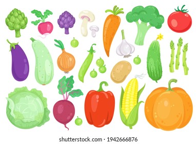 Big set of colorful vegetables. In cartoon style. Isolated on white background. Vector flat illustration.