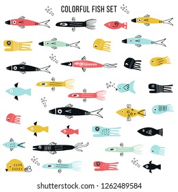 Big set of colorfull fish cut out of paper. Vector illustration.