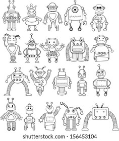 Big set of coloring cartoon robots - vector