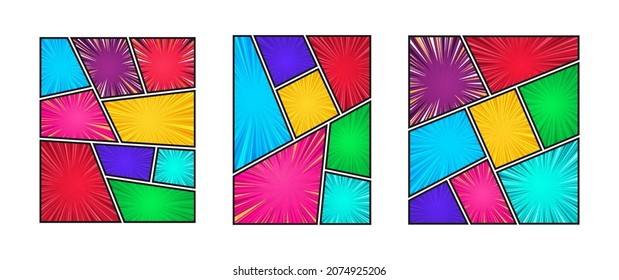 Big set of comic book backgrounds in different colors with radial, spiral, dotted and halftone effects. Colorful empty background. Retro Pop Art style.