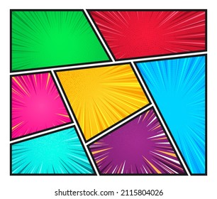 Big set of comic book backgrounds in different colors with radial, spiral, dotted and halftone effects. Colorful empty background. Retro Pop Art style.