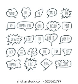 Big set of comic bubbles with short messages. Hand drawn speech bubbles with dialog words. Vector illustration