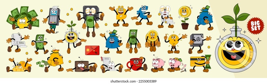Big Set of comic characters in retro cartoon style. Cute comic gloved hands characters in cartoon 1930s style. Collection of comic characters on a business theme in retro cartoon style