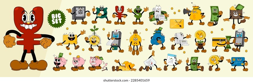 Big Set of comic characters in retro cartoon style. Cute comic gloved hands characters in cartoon 1930s style. Collection of comic characters on a business theme in retro cartoon style