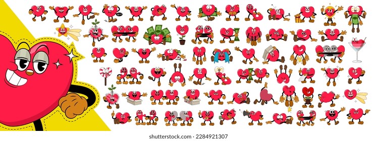 Gran serie de personajes de corazones rojos cómicos en estilo de dibujos animados retro en las vacaciones de San Valentín. Corazones cómicos con graciosos emoticonos en el estilo de las caricaturas para cualquier situación de la vida.