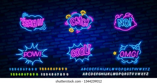 Big set of Comic speech bubble with expression text Wow, Pow, Hello, LOL, SALE. OMG. Design template neon sign, light banner, neon signboard, light inscription. Vector illustration