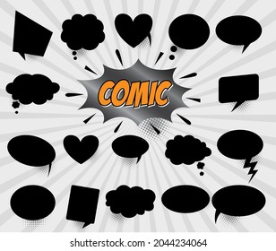 Big set comic speech bubbles with halftone dot background style pop art. Comic dialog empty cloud, space text