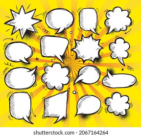 Big set comic speech bubbles with halftone dot background style pop art. Comic dialog empty cloud, space text