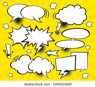 Big set comic speech bubbles with halftone dot background style pop art. Comic dialog empty cloud, space text