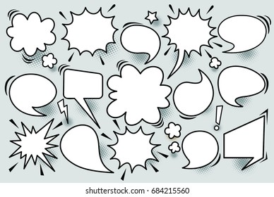 Big set comic speech bubbles with halftone dot background 