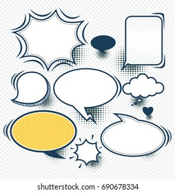 Big set comic speech bubbles with halftone dot background style pop art.