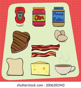 Big set of common food items found in every house. Ketchup Jam Peanut Butter Steak Eggs Bacon Bread Cheese Coffee. Red Background with check pattern.